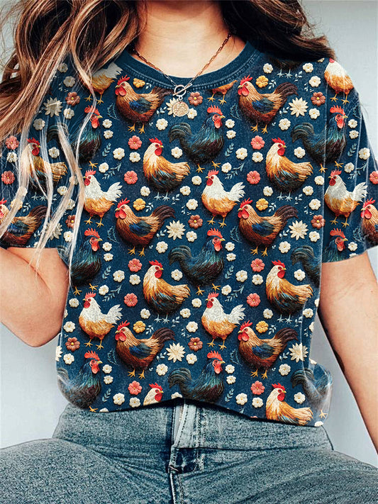 Flowers Chickens Embroidery Pattern Casual T-Shirt