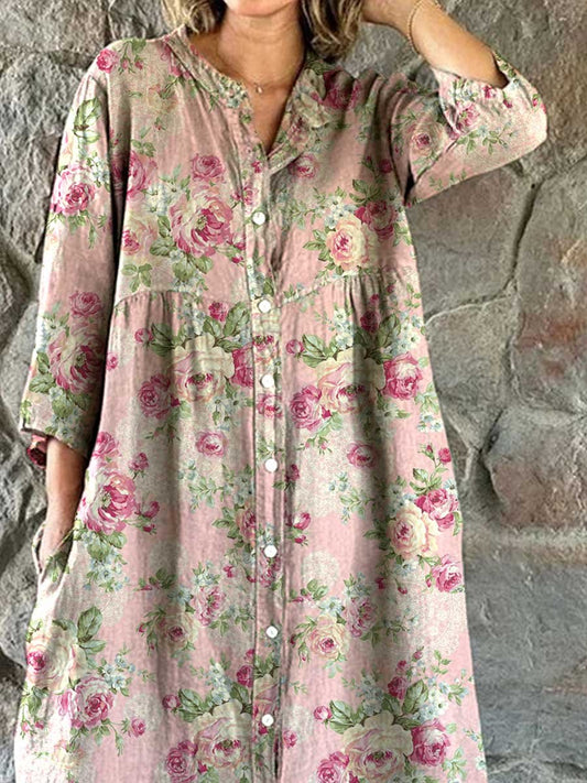 Women's Rose Floral Print Elegant Simple Shirt Cotton and Linen Dress