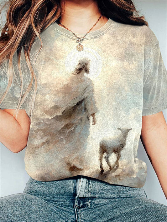 Jesus And Sheep Oil Painting Art Print Casual T-Shirt