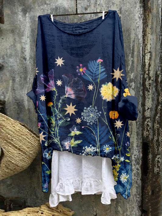 Cyanotype Floral Painting Art Linen Blend Flowy Tunic