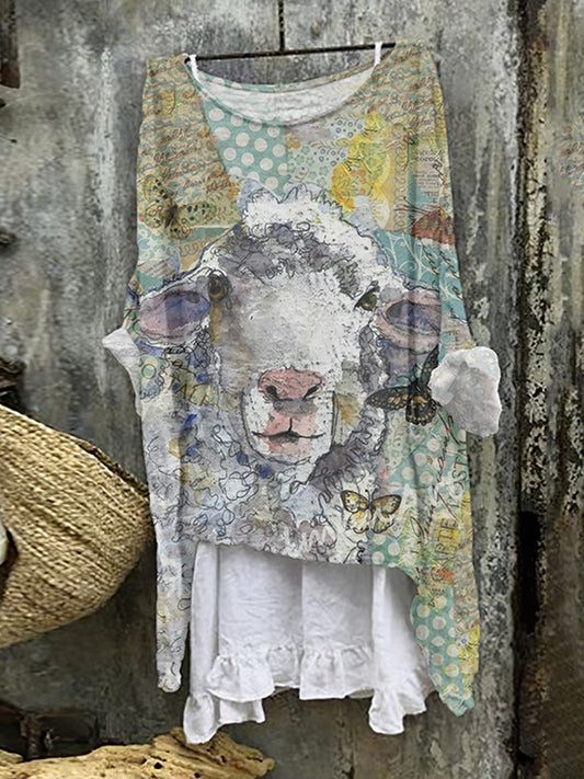 Sheep Print Crew Neck Loose Blouse