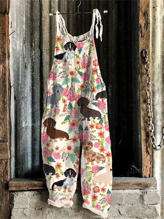 Dachshund Dog & Floral Pattern Linen Blend Casual Jumpsuit