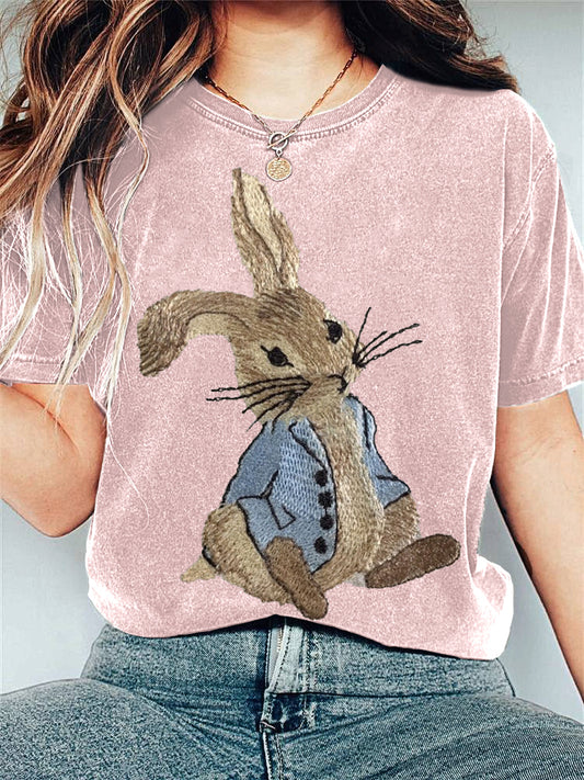 Cute Bunny Embroidery Pattern Casual T-Shirt