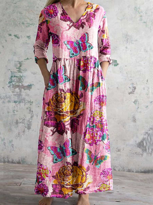 Women's Elegant Rose Floral Butterfly V-Neck Cotton and Linen Dress with Pockets