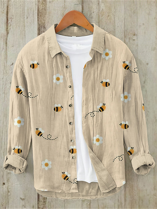 Men's Farm Bee Painting Art Cotton Linen Shirt