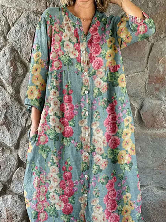 Women's Elegant Vintage  Floral Print Shirt Style Cotton and Linen Dress