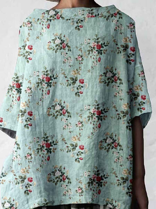 Women's Elegant Simple Rose Floral Print Linen Top