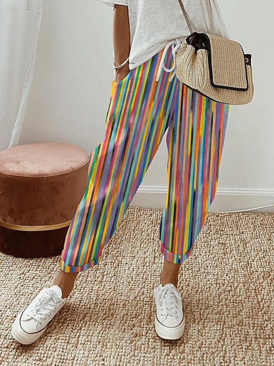 Women's Striped Print Elastic Waist Loose Slacks