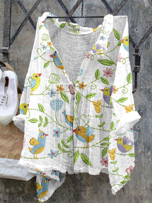 Floral Spring Birds Embroidery Pattern Ladies Casual Cotton Linen Shirt