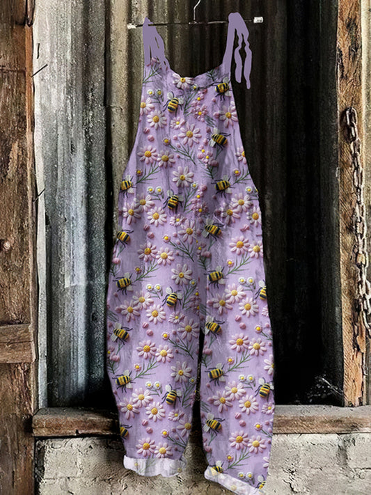 Vintage Flying Bees Flowers Pattern Casual Jumpsuit