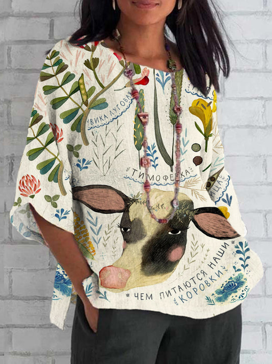 Cow & Floral Watercolor Print Linen Loose Top