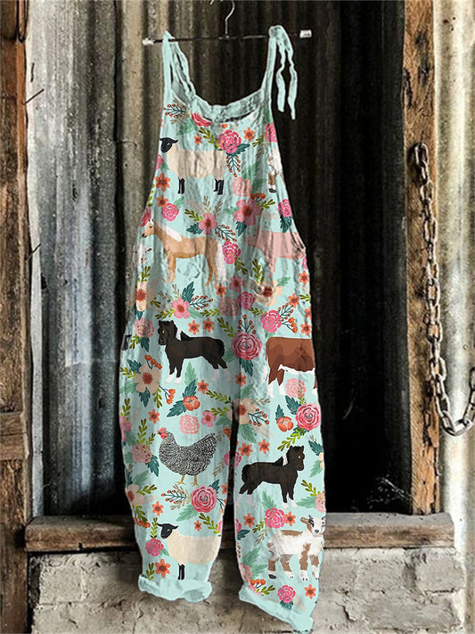 Farm Animal Floral Pattern Linen Blend Casual Jumpsuit