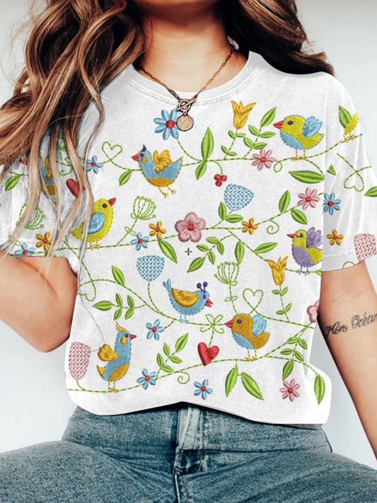 Floral Spring Birds Embroidery Pattern Casual Short Sleeve T-Shirt