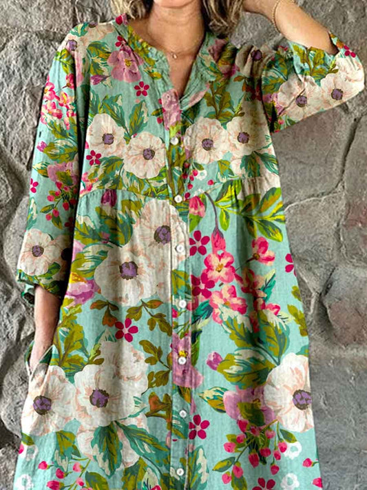 Women's Elegant Rose Floral Print Shirt Style Cotton and Linen Dress