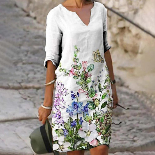 Women's Casual Summer Dress Floral Bee Print Midi Dress