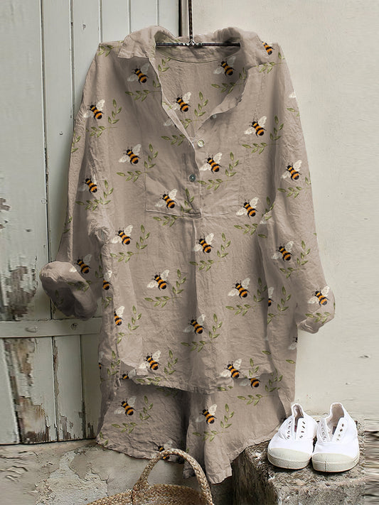 Vintage Bee Floral Embroidered Linen Shirt