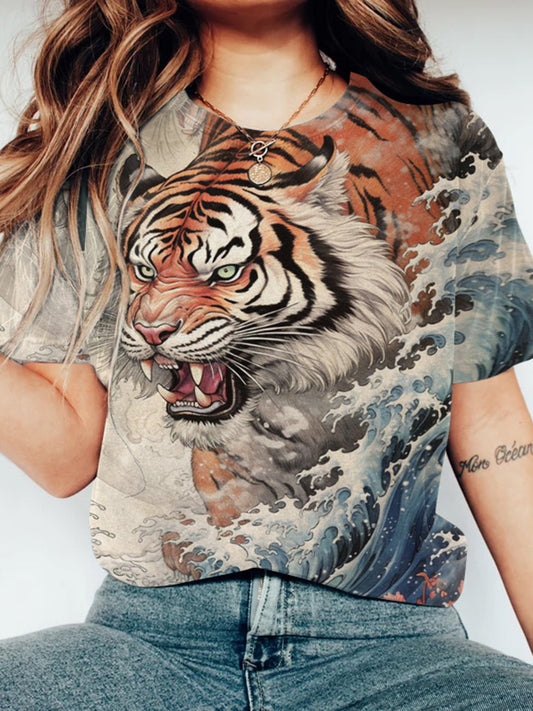 Women‘s Tiger Art Print Short Sleeve Casual T-Shirt