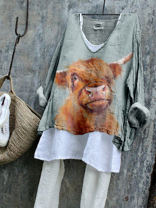 Lovely Highland Cow Pattern Linen Blend Tunic