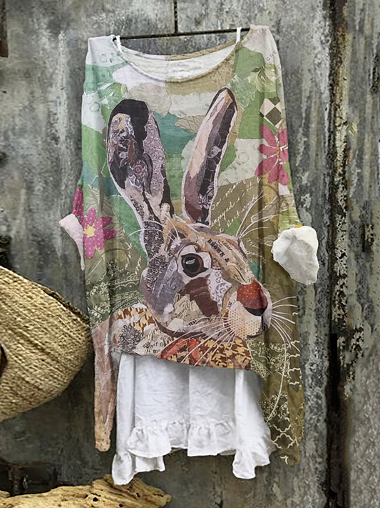 Rabbit Print Crew Neck Loose Blouse