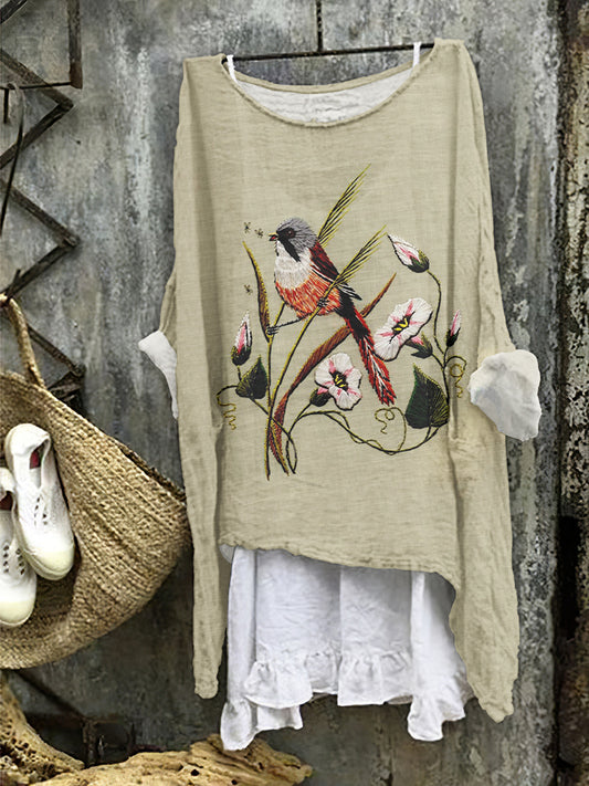 Flower And Bird Embroidery Art Print Loose Blouse