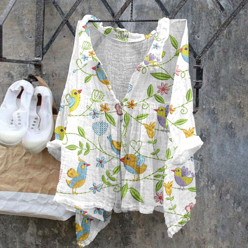 Floral Spring Birds Embroidery Pattern Ladies Casual Cotton Linen Shirt