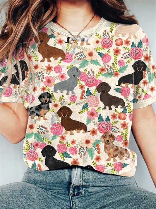 Dachshund Dog & Floral Print Casual Cotton T-Shirt