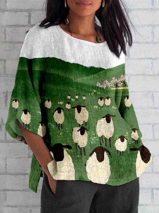 Cute Sheep Oil Painting Art Linen Blend Tunic