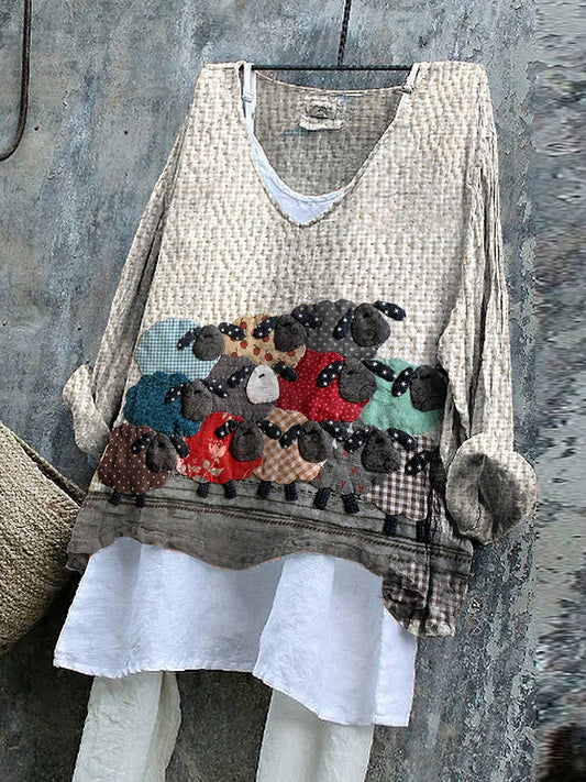 Vintage Patchwork Art Flock Farm Sheep V-Neck Casual Blouse