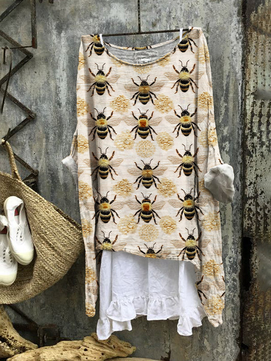 Honeybee Embroidery Linen Blend Cozy Flowy Tunic