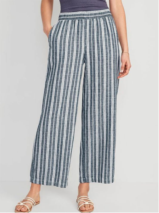 Women's Striped Print Button Casual Trousers