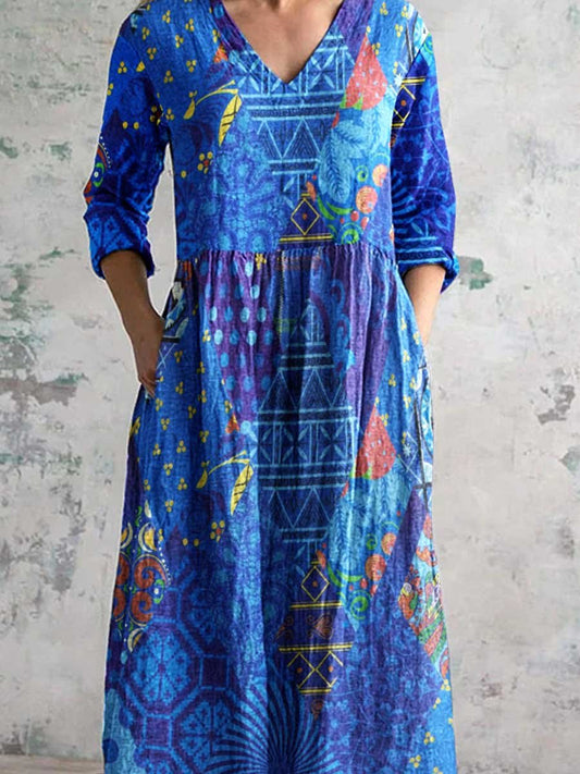 Women's Bohemian Split Geometric Floral Pattern V Neck Cotton and Linen Dress With Pockets