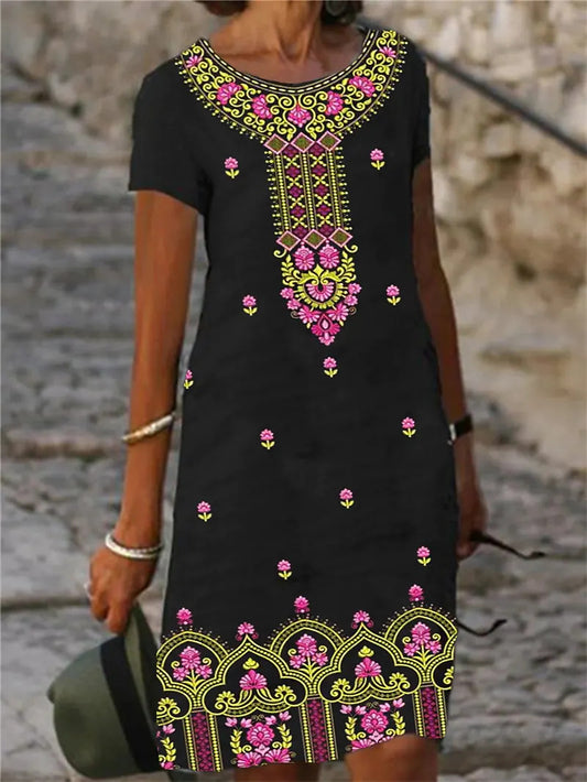 Women's Linen Dress Ethnic Boho Style Black Casual Midi Dress