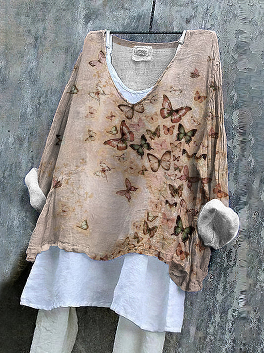 Women‘s Farm Butterfly V Neck Linen Blend Tunic