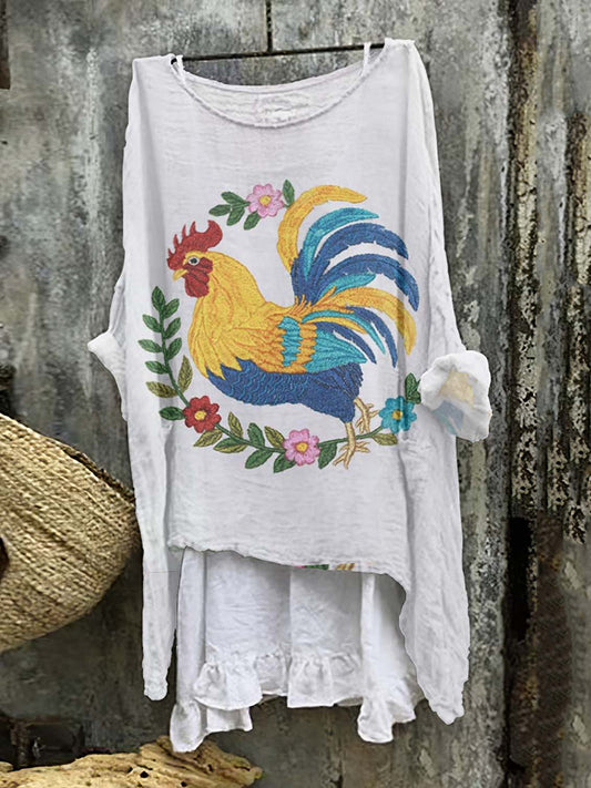 Cute Farm Rooster Floral Chicken Art Linen Blend Flowy Tunic