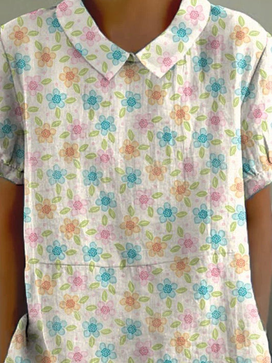 Lovely Summer Floral Pattern Printed Women's Casual Cotton And Linen Shirt