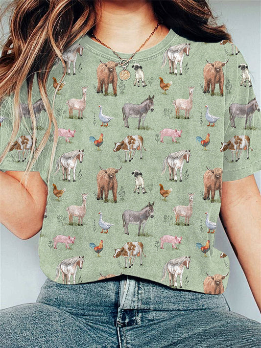 Farm Animals Print Casual Cozy T-Shirt