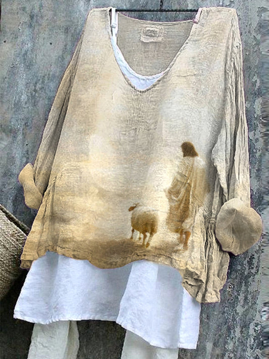 Jesus And Sheep Art Painting Print Linen Blend Shirt