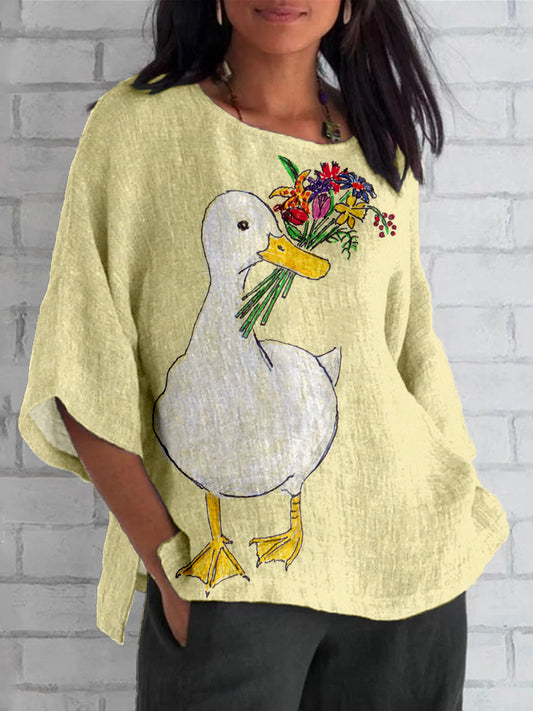 Cute Duck with Floral Art Linen Blend Tunic