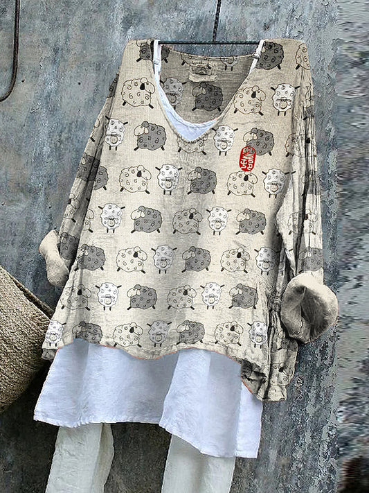 Women's Vintage Sheep Japanese Art Art Cozy Linen Blend Tunic