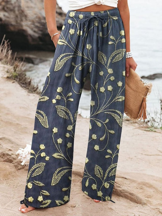 Women'S Retro Floral Art Print Cotton And Linen Casual Pants