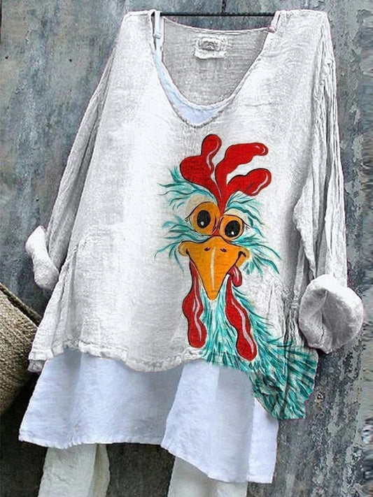 Funny Chicken Print Linen Blend Casual Shirt