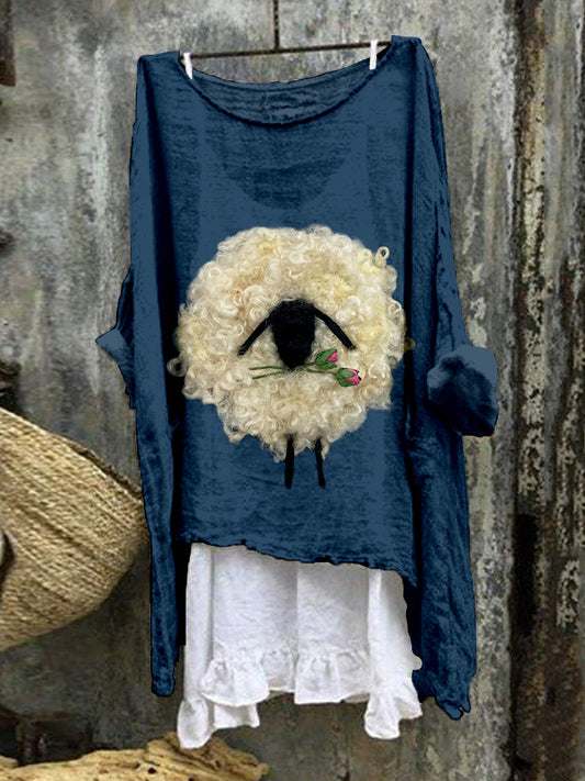 Cute Fuzzy Sheep Linen Blend Flowy Cozy Tunic