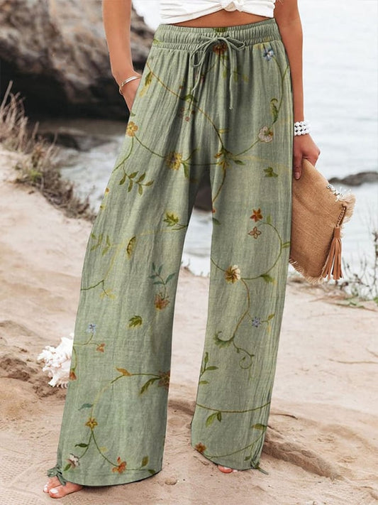 Women'S Floral Print Cotton And Linen Loose Casual Pants