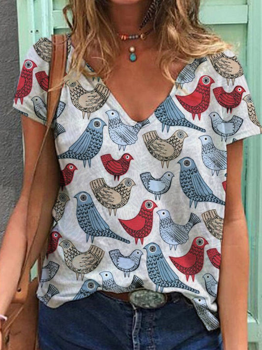 Dove Animal Print Casual V-Neck T-Shirt